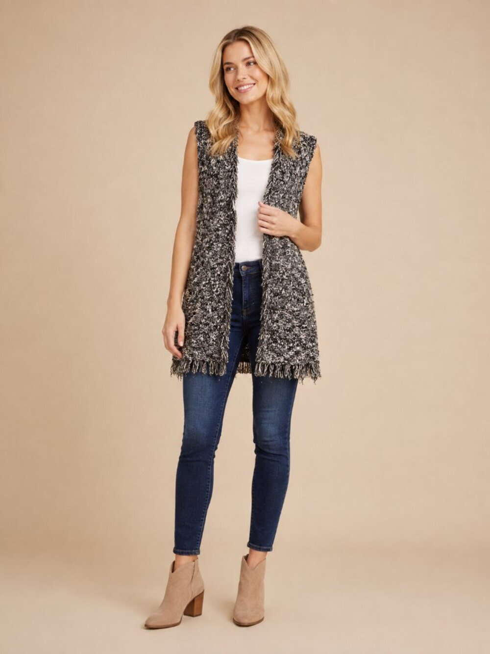 2/$30 Chico's Frayed Sleeveless Cardigan Vest Black White 8 #A4009